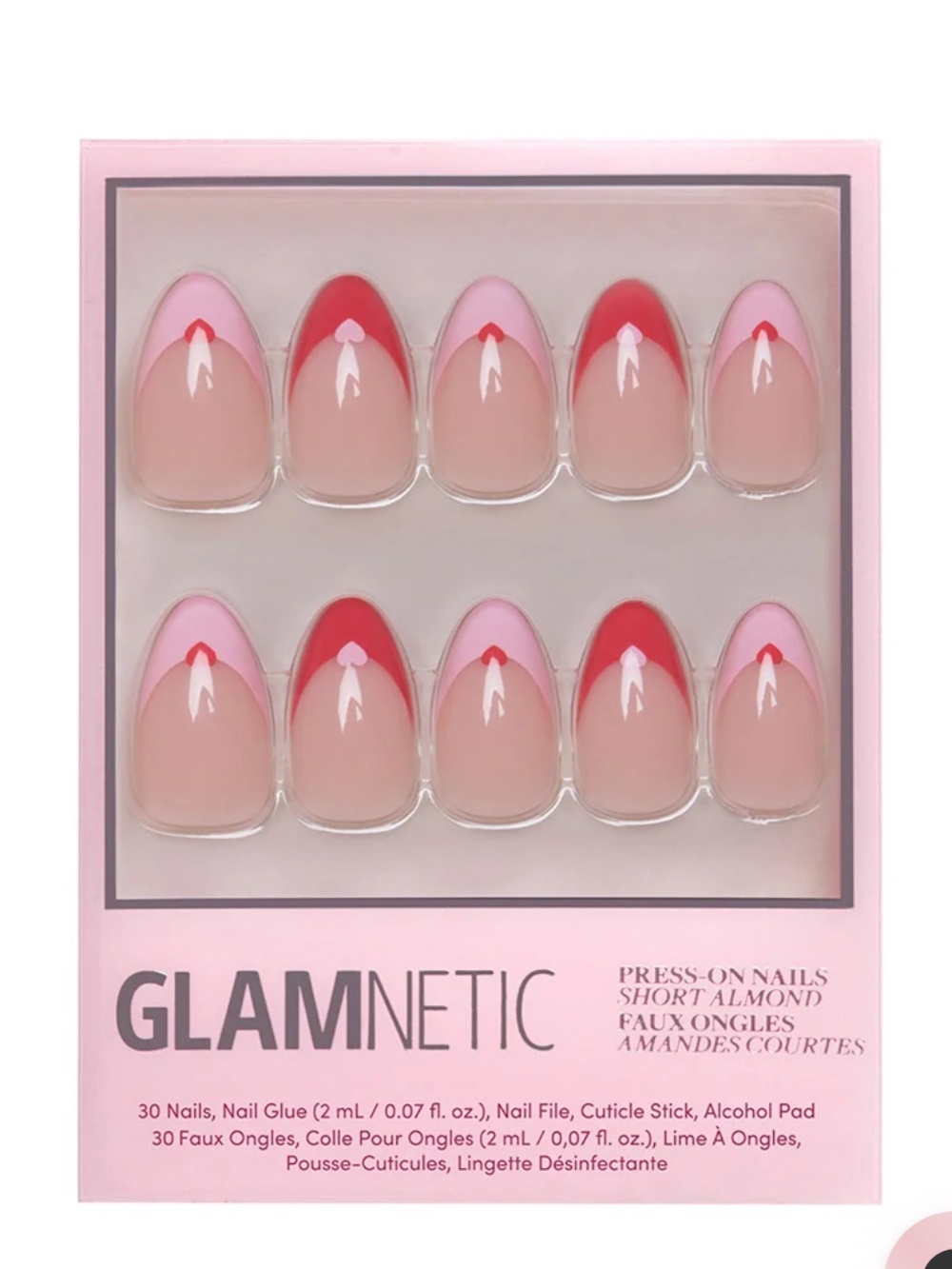 Glamnetic Short Almond Pink & Red Heart Tip Press-On Nails
